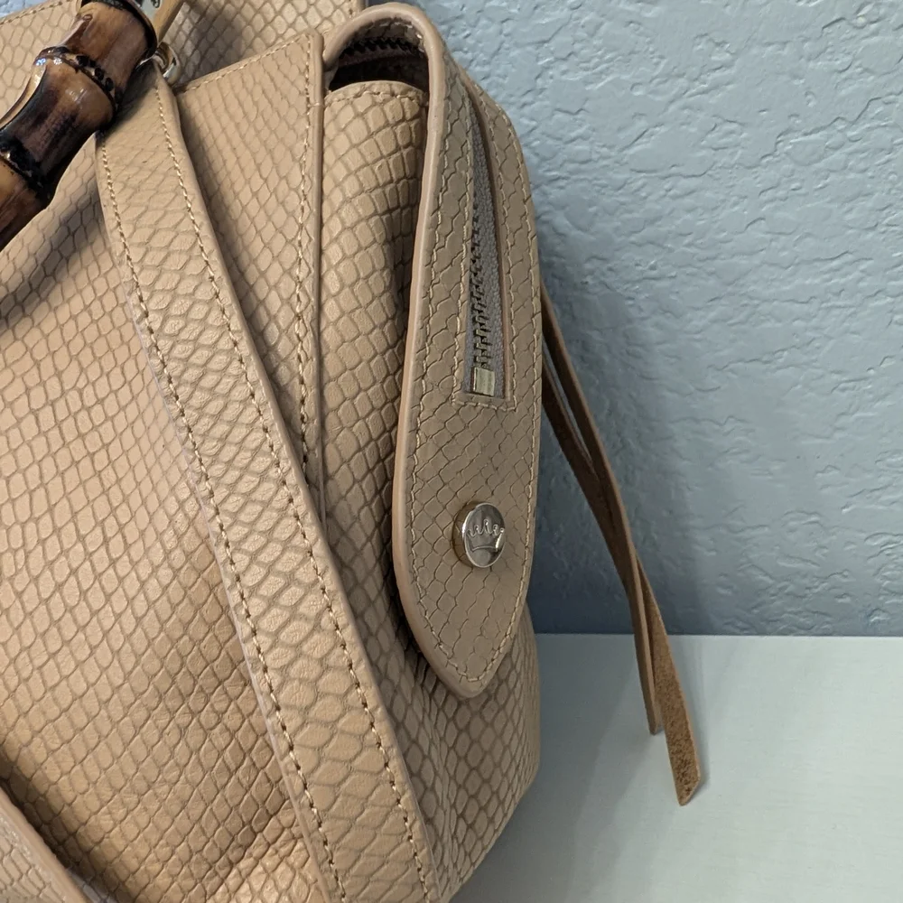 Elaine Turner Tan Snakeskin Embossed Leather Bamboo Handle Satchel Crossbody Bag